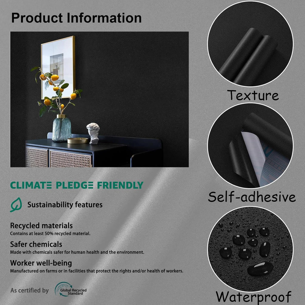 17.7 x 118 Inch Matte Black Self-Adhesive Wallpaper, New Environmentally Friendly Materials Contact Paper, Increase Stomata, for Countertops, Bathroom, Kitchen