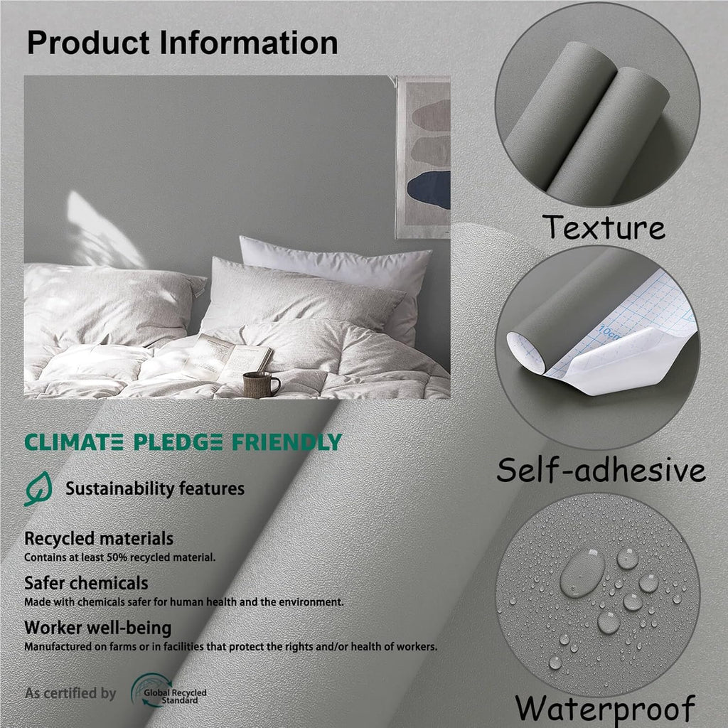 Matte Light Gray Self-Adhesive Wallpaper for New Environmentally Friendly Materials, Increase Stomata, for Countertops, Bathroom, Kitchen, 17.7 x 118 Inches